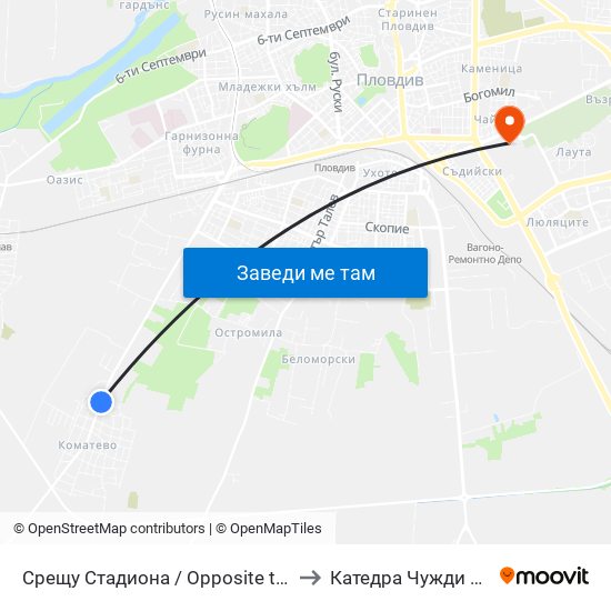 Срещу Стадиона / Opposite the Stadium (28) to Катедра Чужди Езици - АУ map