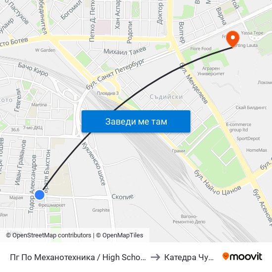 Пг По Механотехника / High School Of Mechanical Engineering (290) to Катедра Чужди Езици - АУ map