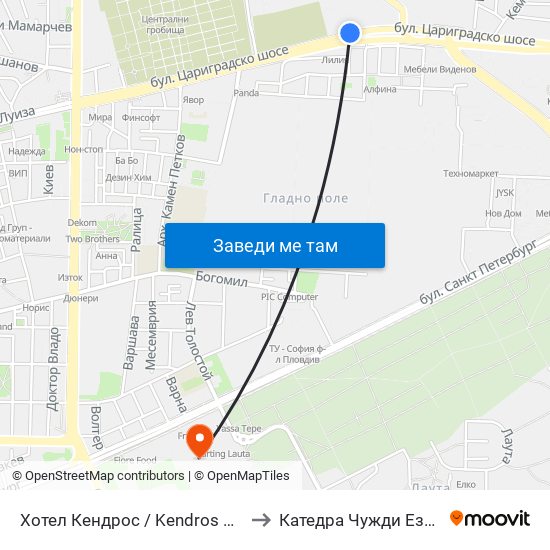 Хотел Кендрос / Kendros Hotel (134) to Катедра Чужди Езици - АУ map
