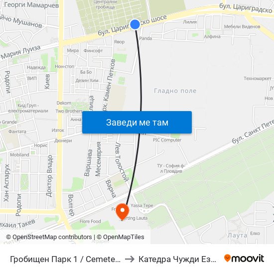 Гробищен Парк 1 / Cemetery 1 (135) to Катедра Чужди Езици - АУ map