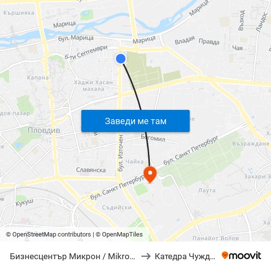 Бизнесцентър Микрон / Mikron Business Centre (353) to Катедра Чужди Езици - АУ map