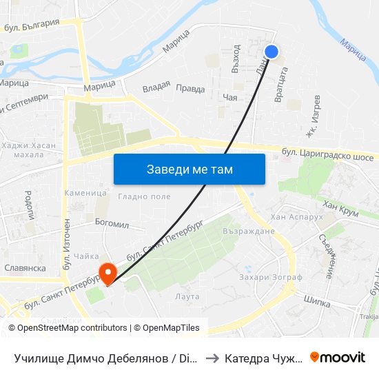 Училище Димчо Дебелянов / Dimcho Debelyanov School (163) to Катедра Чужди Езици - АУ map