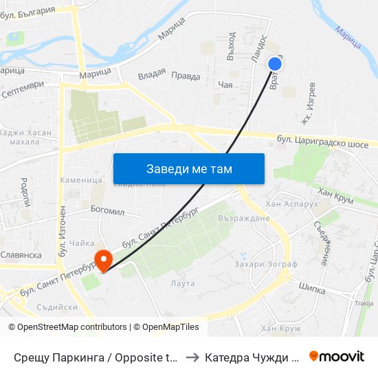 Срещу Паркинга / Opposite the Parking (164) to Катедра Чужди Езици - АУ map