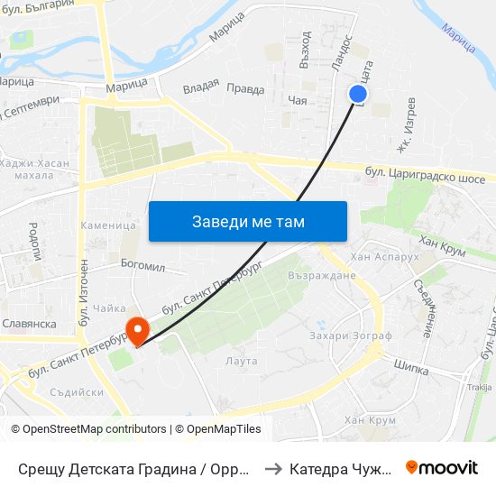 Срещу Детската Градина / Opposite the Kindergarten (130) to Катедра Чужди Езици - АУ map