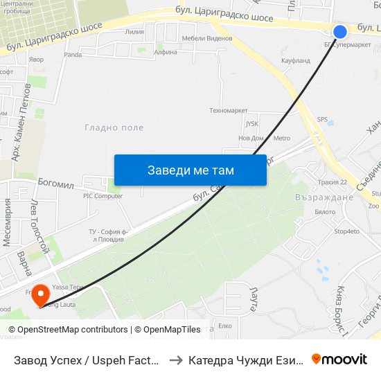 Завод Успех / Uspeh Factory (347) to Катедра Чужди Езици - АУ map