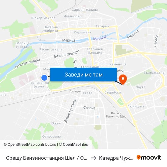 Срещу Бензиностанция Шел / Opposite Shell Gas Station (244) to Катедра Чужди Езици - АУ map