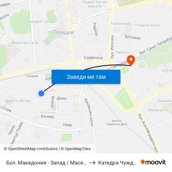 Бул. Македония - Запад / Macedonia Blvd - West (369) to Катедра Чужди Езици - АУ map