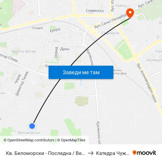 Кв. Беломорски - Последна / Belomorski Qr - Last Stop (1014) to Катедра Чужди Езици - АУ map