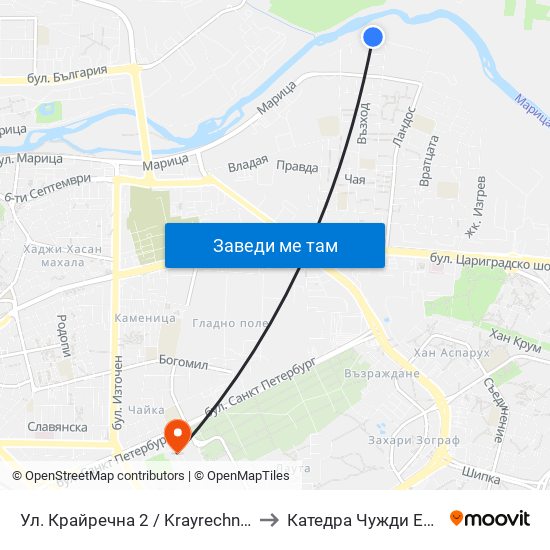 Ул. Крайречна 2 / Krayrechna St. 2 (410) to Катедра Чужди Езици - АУ map