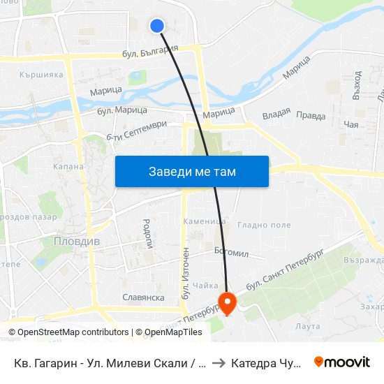 Кв. Гагарин - Ул. Милеви Скали / Gagarin Qr - Milevi Steni St. (1018) to Катедра Чужди Езици - АУ map