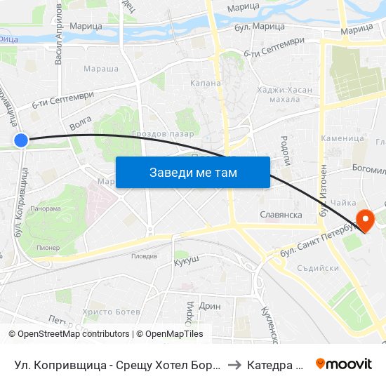 Ул. Копривщица - Срещу Хотел Бордо / Koprivshtitsa St. - Opposite Bordeaux Hotel (313) to Катедра Чужди Езици - АУ map