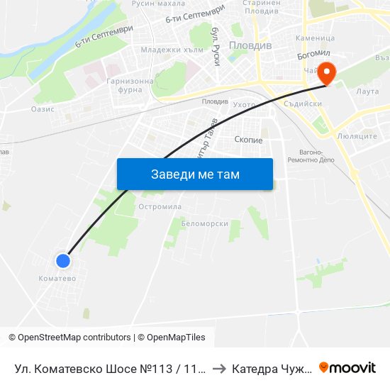 Ул. Коматевско Шосе №113 / 113 Komatevsko Shosse St. (417) to Катедра Чужди Езици - АУ map