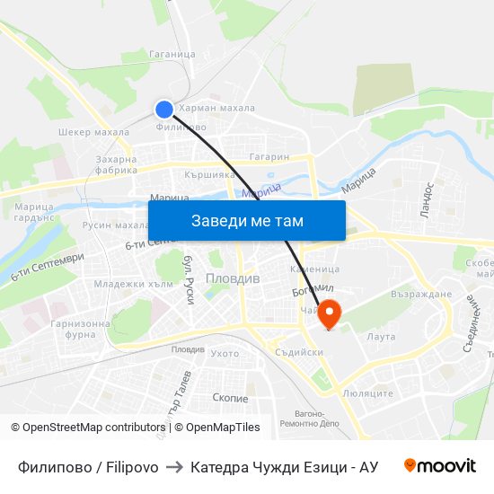 Филипово / Filipovo to Катедра Чужди Езици - АУ map