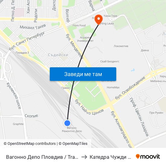Вагонно Депо Пловдив / Train Depot Plovdiv to Катедра Чужди Езици - АУ map