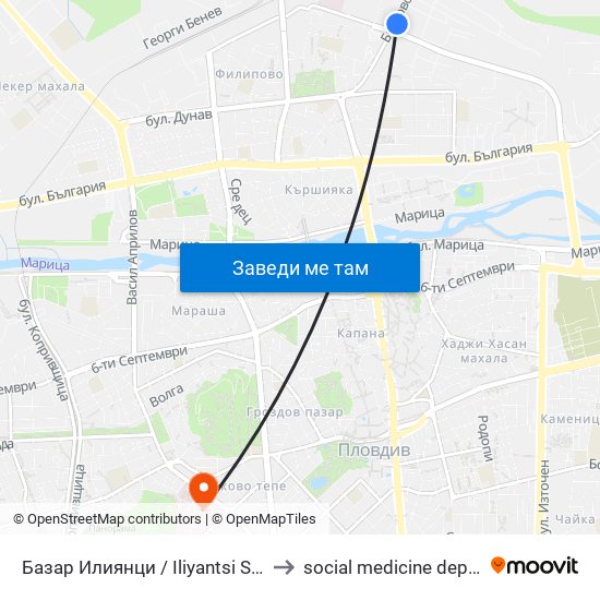 Базар Илиянци / Iliyantsi Store (225) to social medicine department map