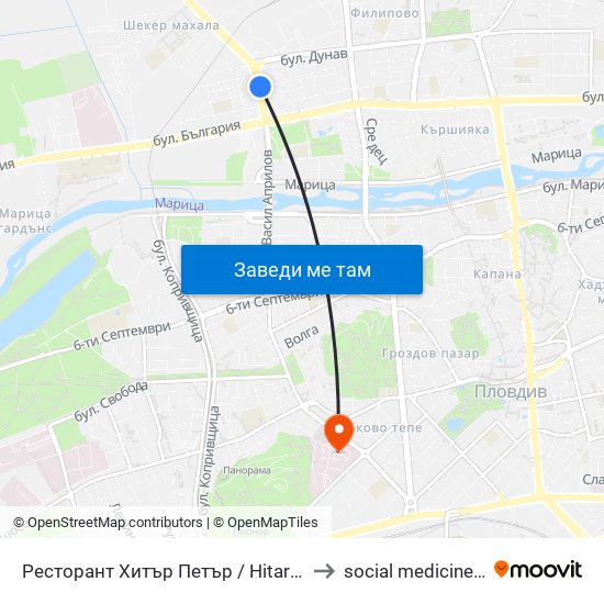 Ресторант Хитър Петър / Hitar Petar Restaurant (452) to social medicine department map