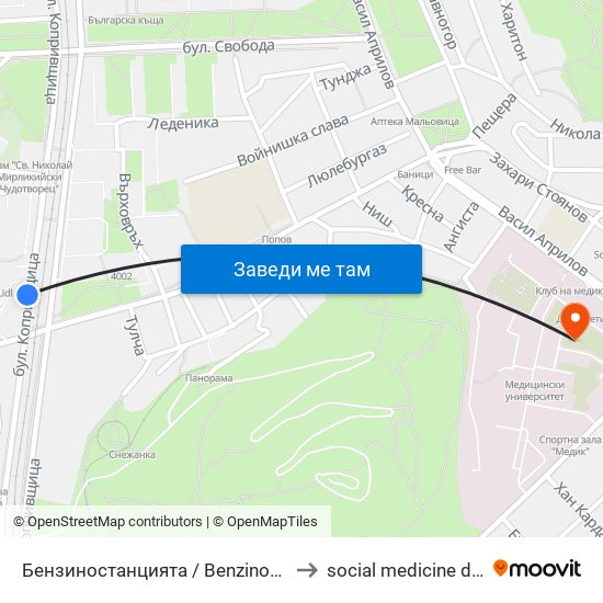 Бензиностанцията / Benzinostantsiyata (388) to social medicine department map