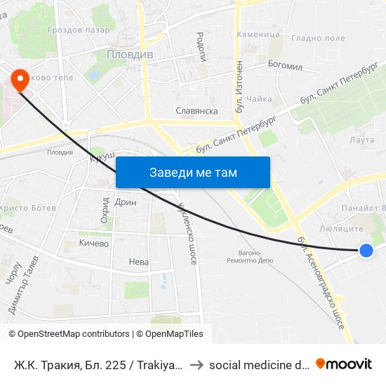 Ж.К. Тракия, Бл. 225 / Trakiya Qr, Bl. 225 (403) to social medicine department map