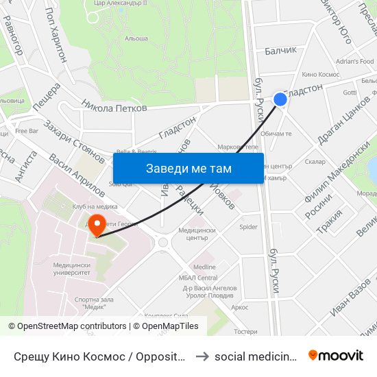 Срещу Кино Космос / Opposite Kosmos Cinema (247) to social medicine department map