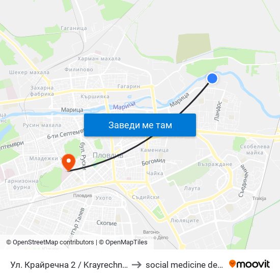Ул. Крайречна 2 / Krayrechna St. 2 (410) to social medicine department map