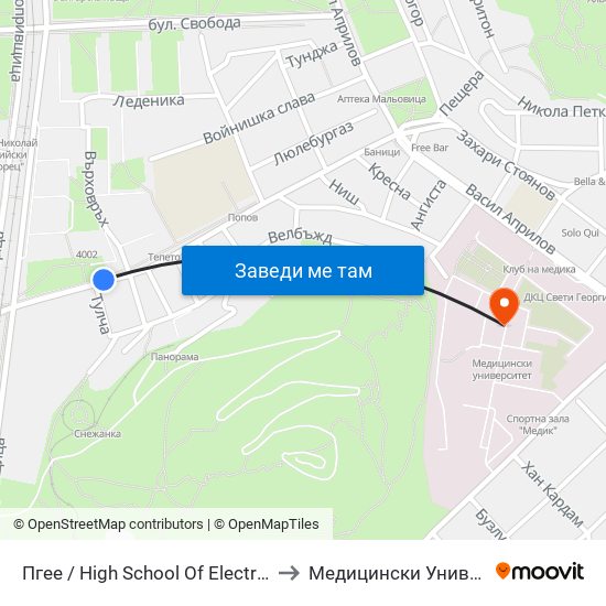 Пгее / High School Of Electrical Engineering And Electronics (171) to Медицински Университет (Medical University) map