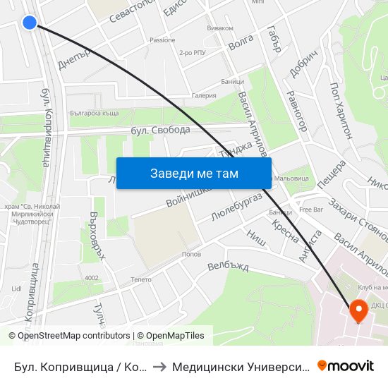 Бул. Копривщица / Koprivshtitsa Blvd. (241) to Медицински Университет (Medical University) map