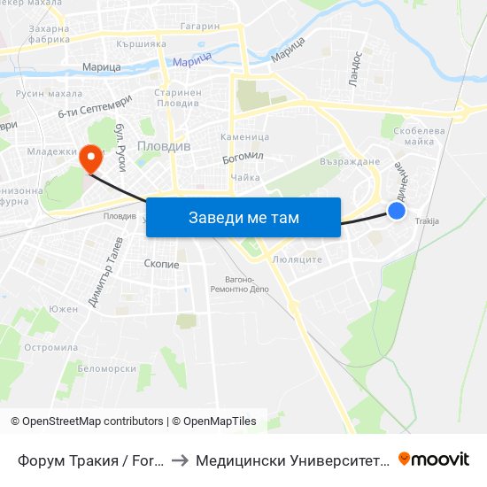 Форум Тракия / Forum Trakiya (78) to Медицински Университет (Medical University) map