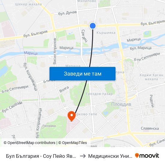 Бул България - Соу Пейо Яворов / Bulgaria Blvd - Peyo Yavorov School (90) to Медицински Университет (Medical University) map