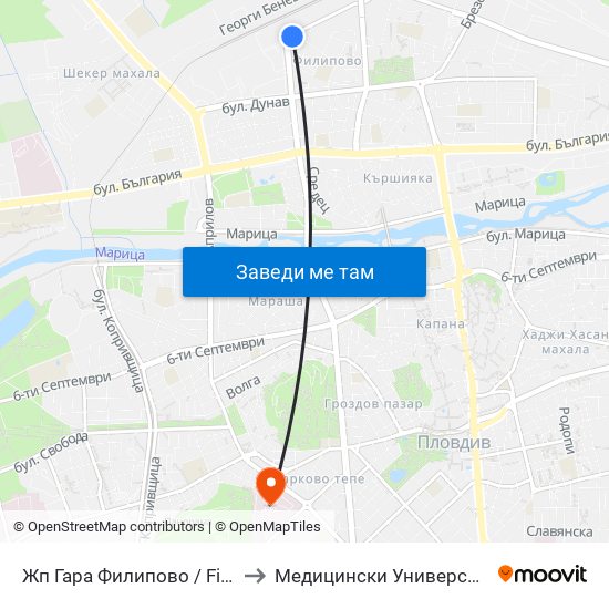 Жп Гара Филипово / Filipovo Train Station (73) to Медицински Университет (Medical University) map