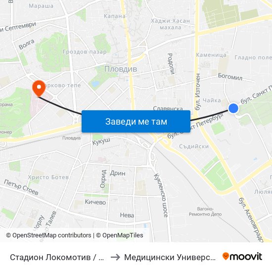 Стадион Локомотив / Lokomotiv Stadium (234) to Медицински Университет (Medical University) map