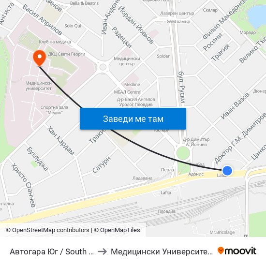Автогара Юг / South Bus Station (187) to Медицински Университет (Medical University) map