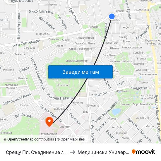 Срещу Пл. Съединение / Opposite Saedinenie Sq. (118) to Медицински Университет (Medical University) map