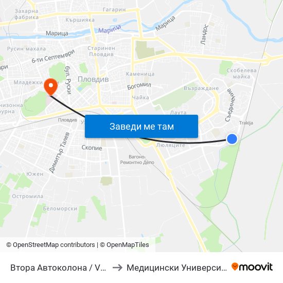 Втора Автоколона / Vtora Avtokolona (1036) to Медицински Университет (Medical University) map