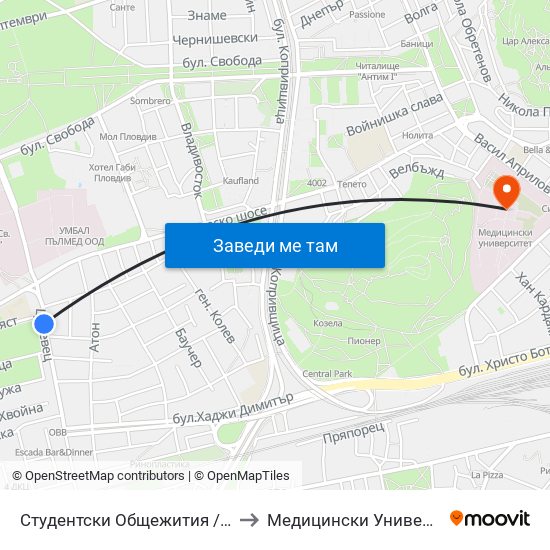 Студентски Общежития / Student Accommodation (389) to Медицински Университет (Medical University) map