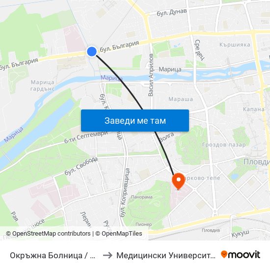Окръжна Болница / County Hospital (94) to Медицински Университет (Medical University) map
