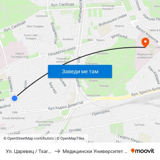 Ул. Царевец / Tsarevets St. (371) to Медицински Университет (Medical University) map