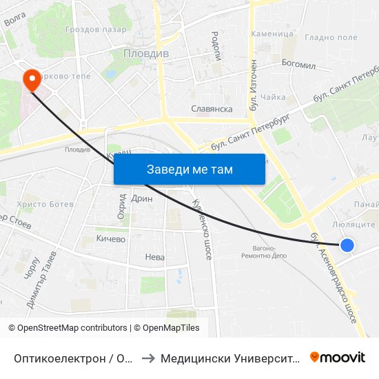 Оптикоелектрон / Opticoelectron (421) to Медицински Университет (Medical University) map