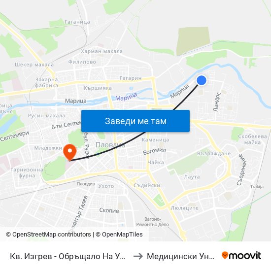 Кв. Изгрев - Обръщало На Ул. Крайна / Izgrev Qr. - Krayna St. Turn Spot (1008) to Медицински Университет (Medical University) map