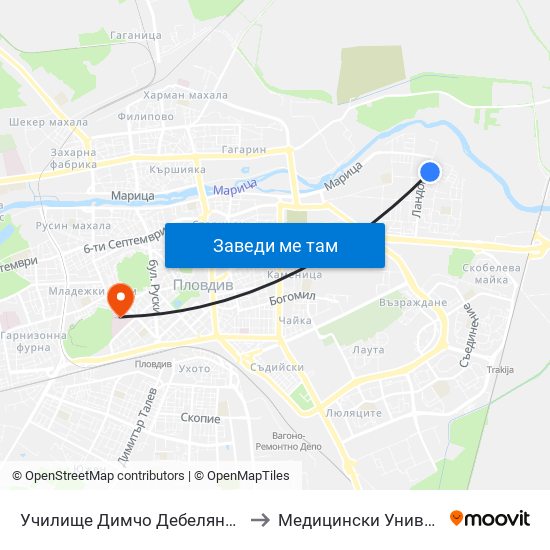 Училище Димчо Дебелянов / Dimcho Debelyanov School (163) to Медицински Университет (Medical University) map