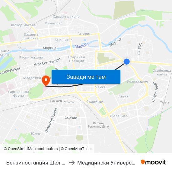 Бензиностанция Шел / Shell Gas Station(126) to Медицински Университет (Medical University) map