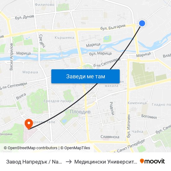 Завод Напредък / Napredak Factory (210) to Медицински Университет (Medical University) map