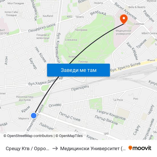 Срещу Ктв / Opposite Ktv (344) to Медицински Университет (Medical University) map