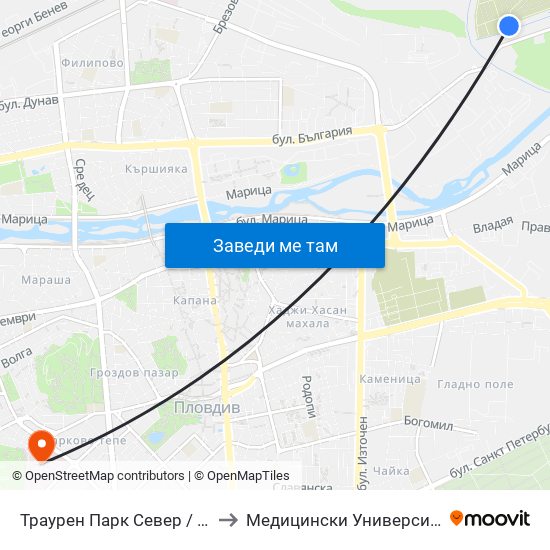 Траурен Парк Север / North Cemetery (1019) to Медицински Университет (Medical University) map