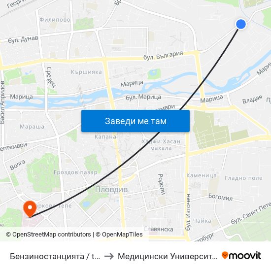 Бензиностанцията / the Gas Station (181) to Медицински Университет (Medical University) map