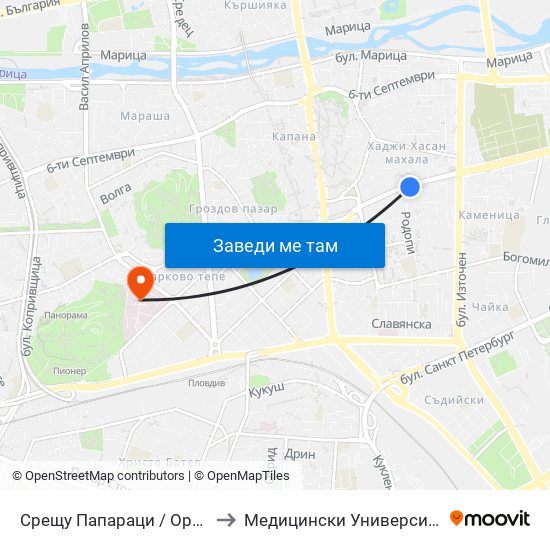 Срещу Папараци / Opposite Paparazzi (250) to Медицински Университет (Medical University) map