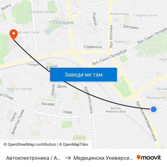 Автоелектроника / Auto Electronics (1028) to Медицински Университет (Medical University) map