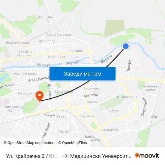 Ул. Крайречна 2 / Krayrechna St. 2 (410) to Медицински Университет (Medical University) map