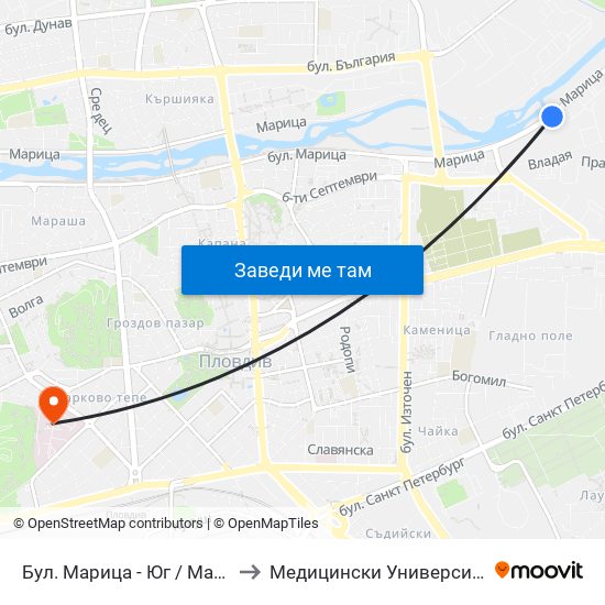 Бул. Марица - Юг / Maritsa Blvd - South (407) to Медицински Университет (Medical University) map