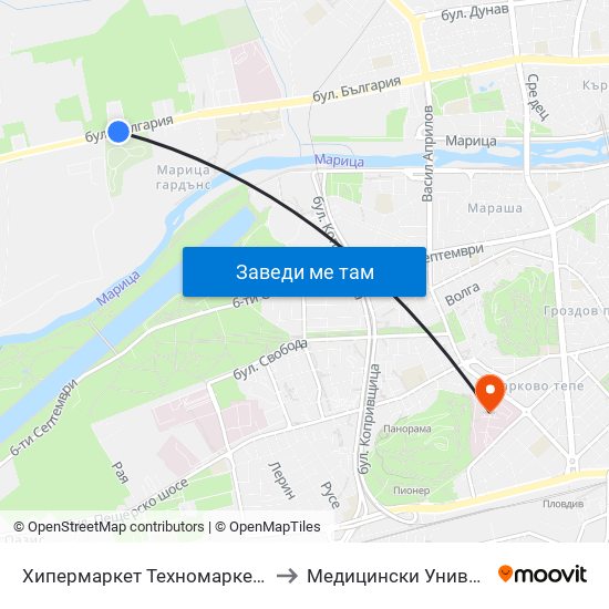 Хипермаркет Техномаркет / Technomarket Hypermarket (336) to Медицински Университет (Medical University) map