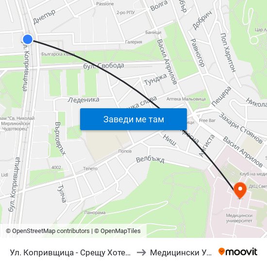 Ул. Копривщица - Срещу Хотел Бордо / Koprivshtitsa St. - Opposite Bordeaux Hotel (313) to Медицински Университет (Medical University) map